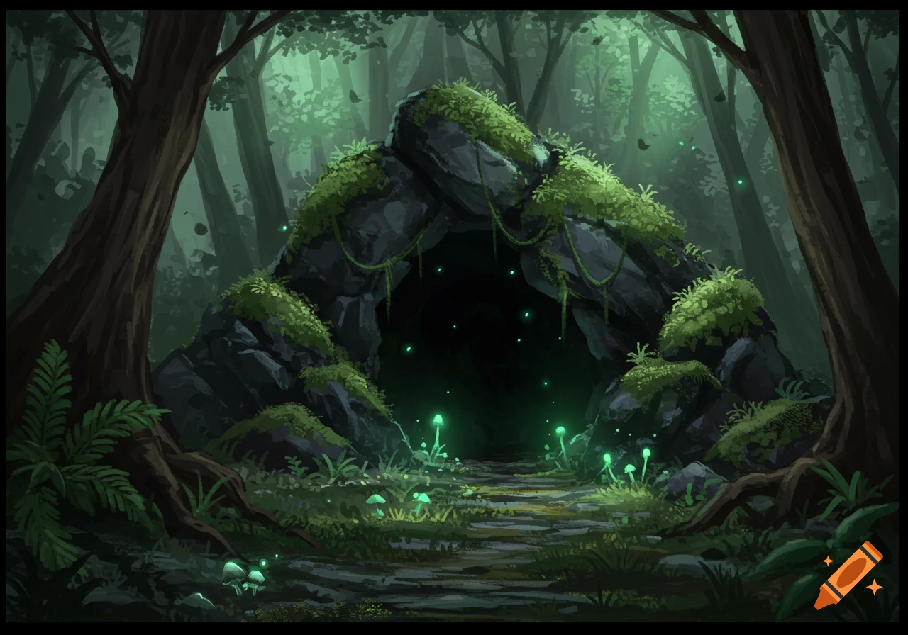 A dark, mysterious forest cave entrance overgrown with moss, with glowing green mushrooms and fireflies along a path.
