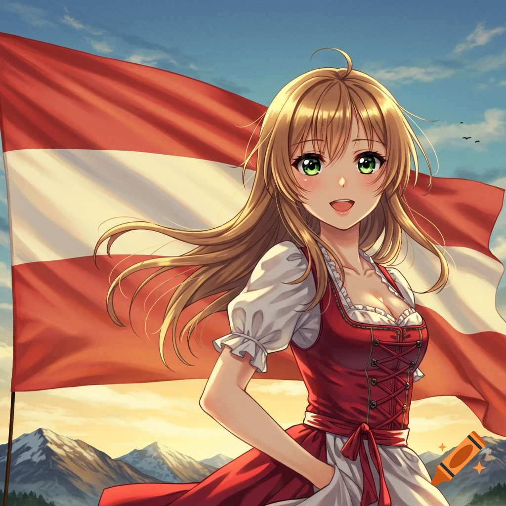 Anime girl in a red and white dirndl, standing in front of a large Austrian flag with snow-capped mountains and a blue sky in the background.