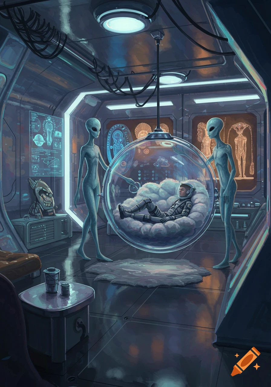 Two grey aliens observe a human astronaut resting in a cloud-filled bubble within a futuristic spaceship interior.