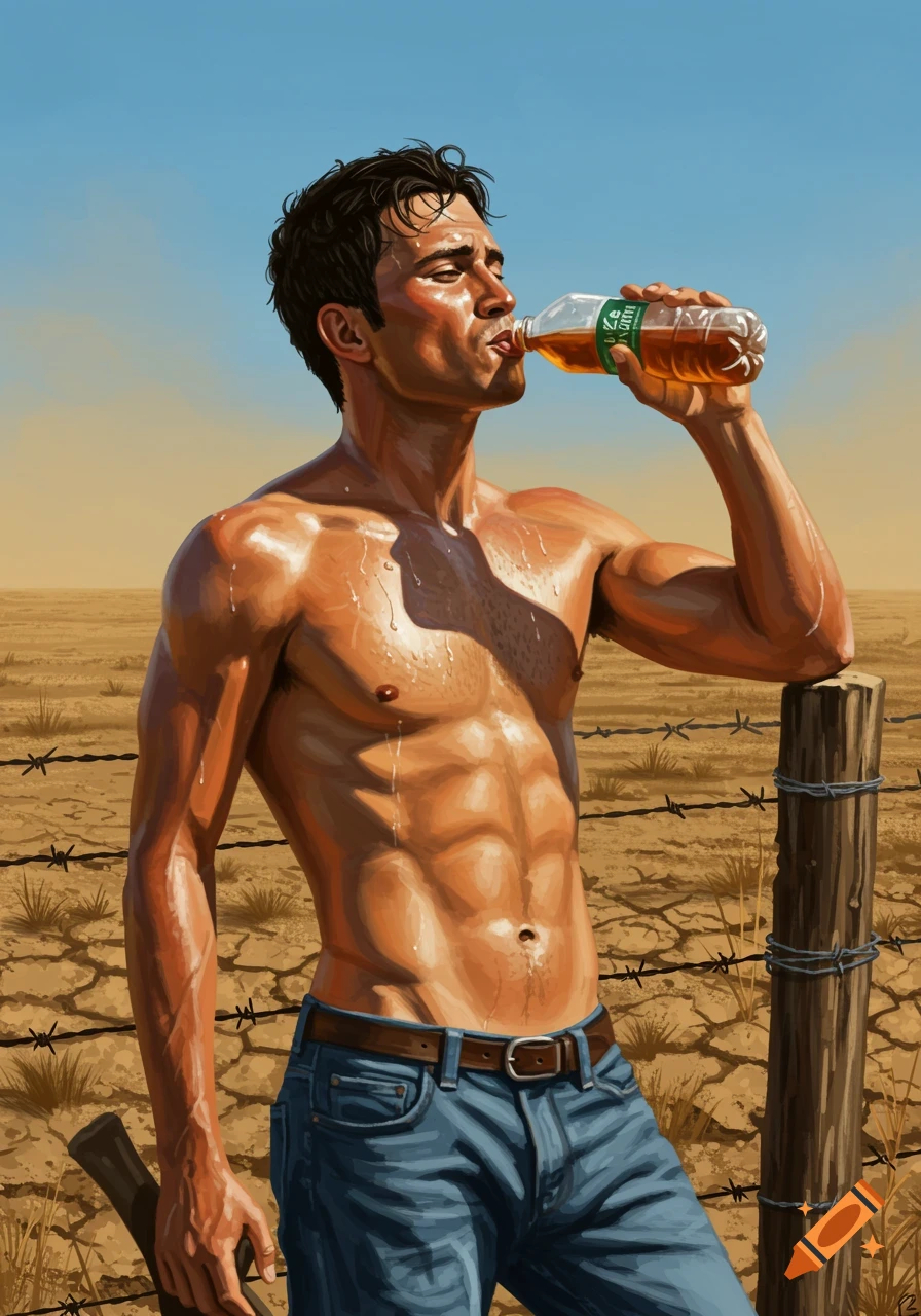 A sweaty, muscular rancher with dark hair in jeans drinks from a bottle in a dry, cracked field under a bright sky, next to a barbed-wire fence post.