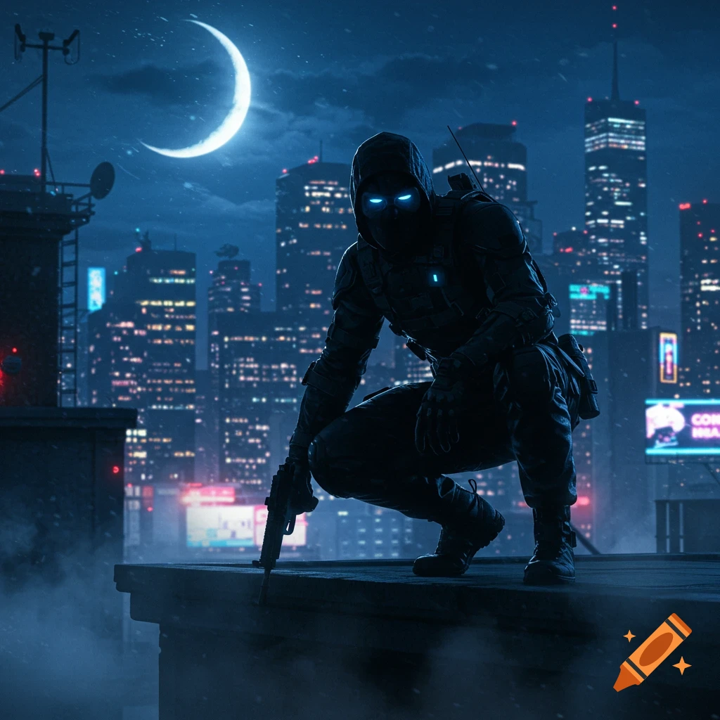 A stealth agent in a tactical suit crouches on a rooftop at night, holding a gun, with glowing blue eyes, overlooking a futuristic city skyline under a crescent moon. Photorealistic style.