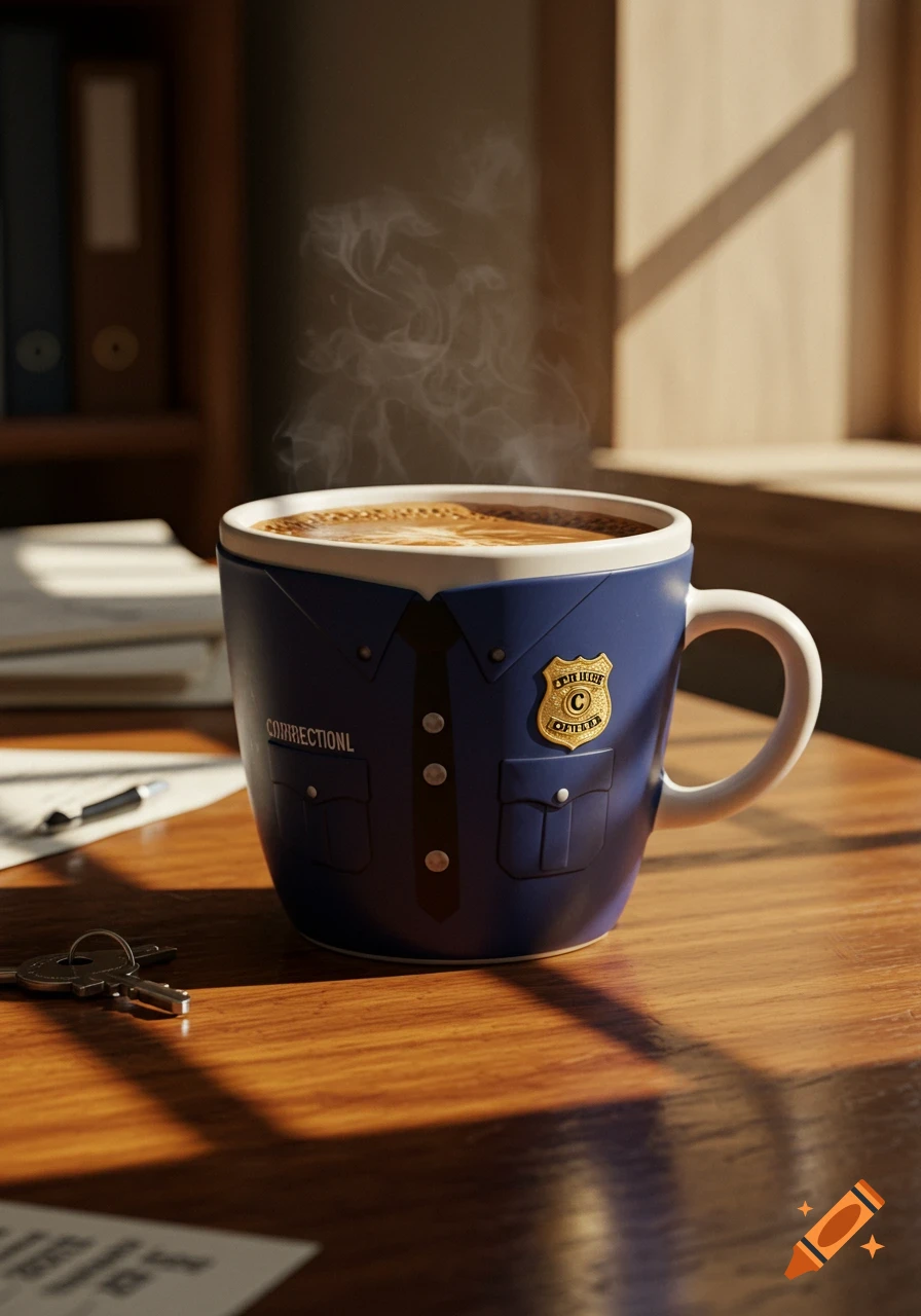 A steaming coffee mug designed as a blue correctional officer's uniform, on a wooden desk.