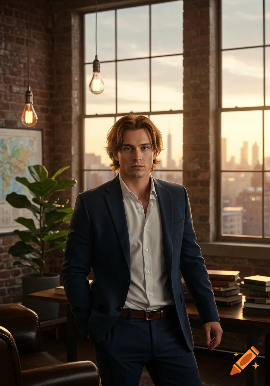 A photorealistic portrait of a man in a navy suit standing in a modern loft with a city skyline at sunset.