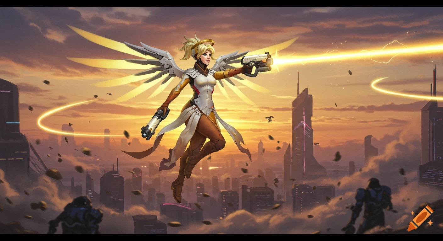 Mercy from Overwatch flies over a futuristic city at sunset, shooting a golden energy beam from her blaster.