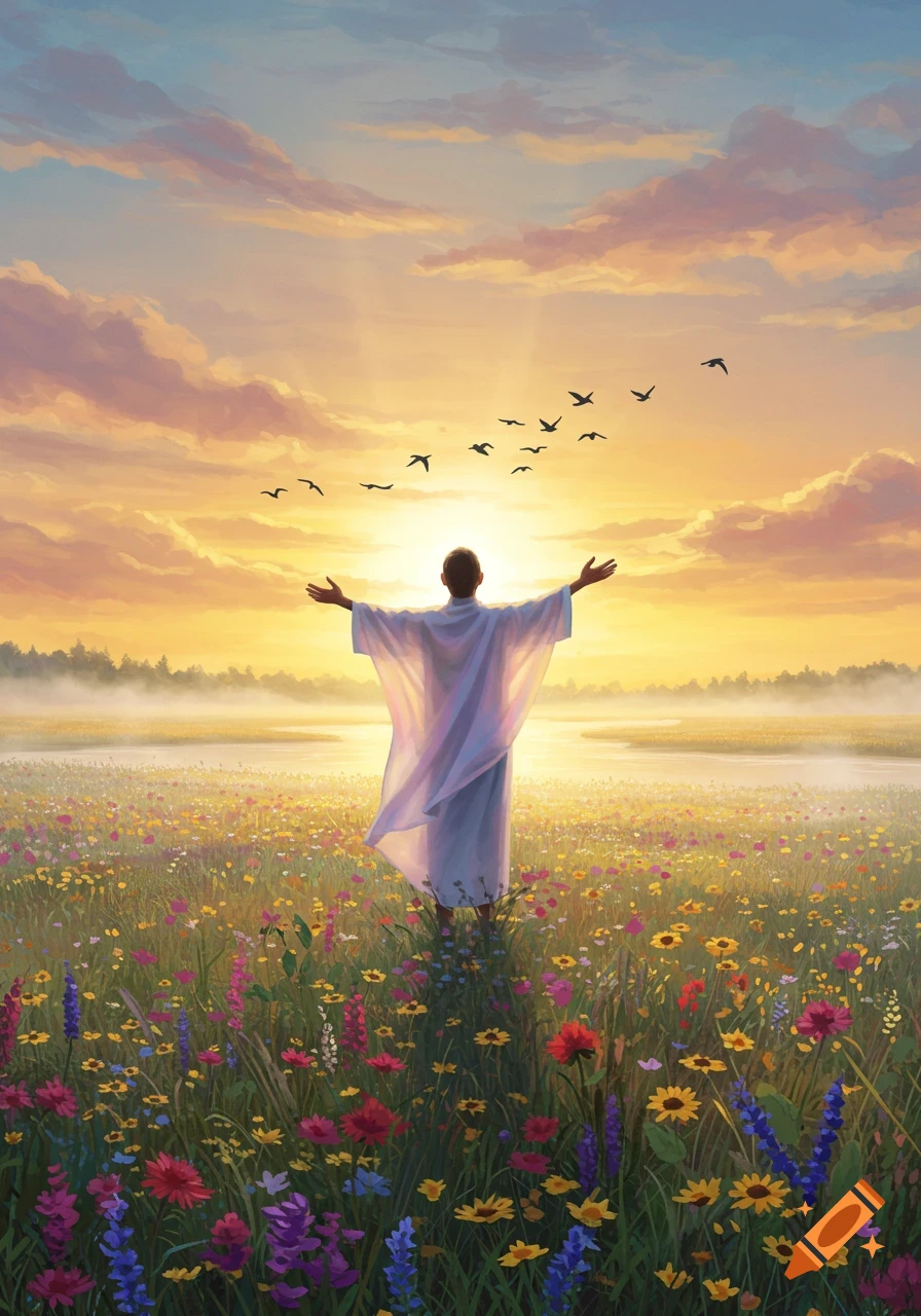 A figure in white robes stands with arms outstretched in a vibrant field of wildflowers at sunset, birds flying above a misty landscape.