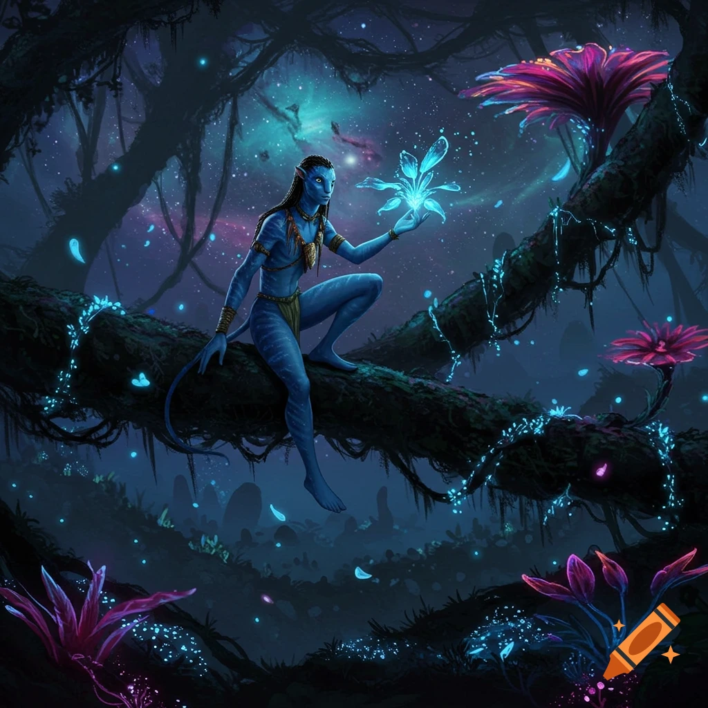 Blue alien woman on a glowing tree branch in a bioluminescent jungle, holding a glowing plant under a starry sky. Digital art.