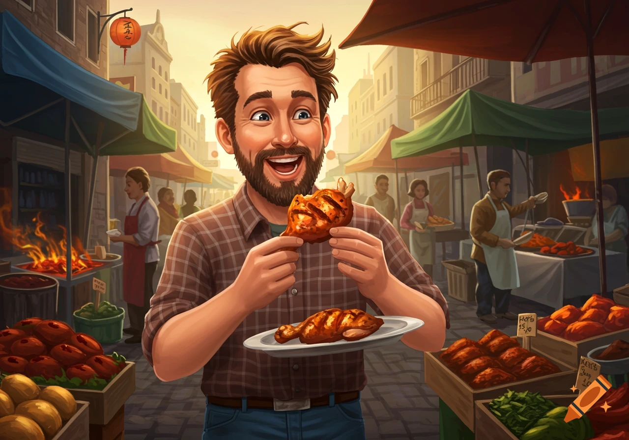 Illustrated happy man eating grilled chicken at a bustling street food market with stalls and vendors.