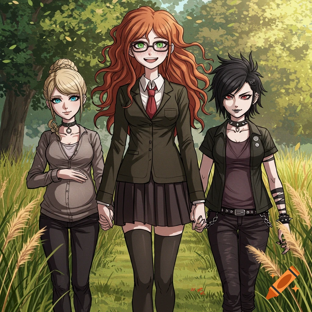 Three anime-style women with distinct appearances walk hand-in-hand through a grassy park with trees in the background.