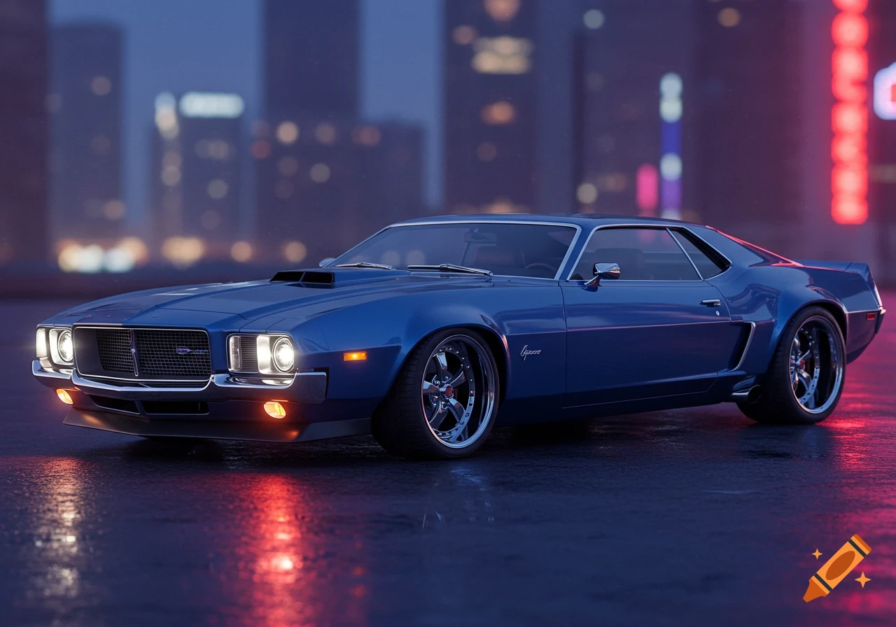 A sleek blue custom car, blending classic American muscle car designs, sits on a wet city street at night under blurred city lights.