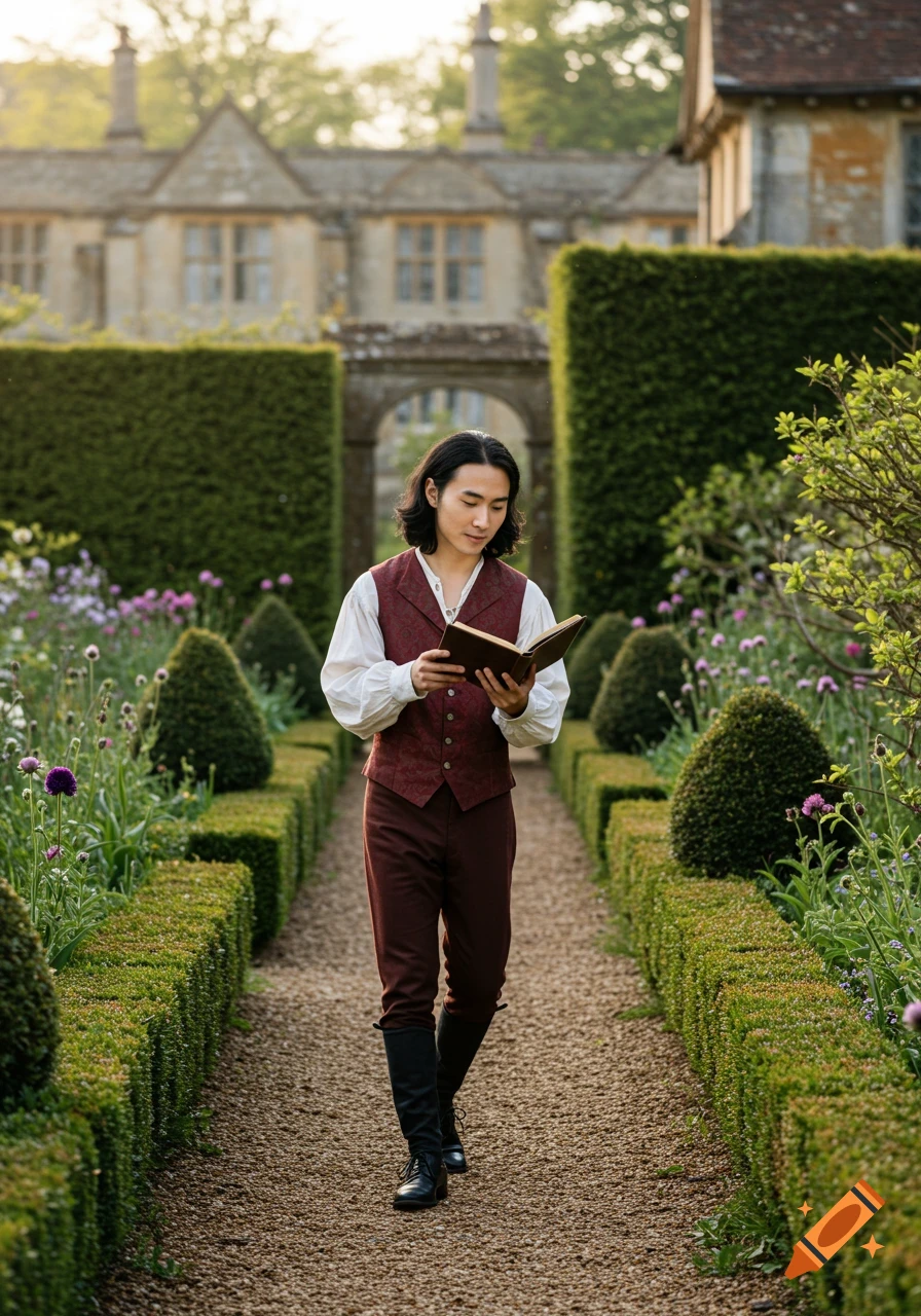 A young East Asian man in historical clothing reads a book while walking through a formal garden with a manor house in the background.