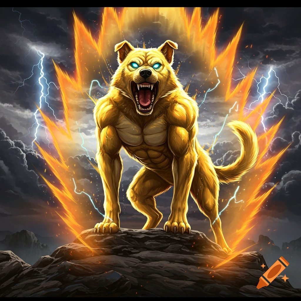 A powerful, muscular golden dog with glowing blue eyes and a fiery orange aura stands on a rock under a stormy sky with lightning.