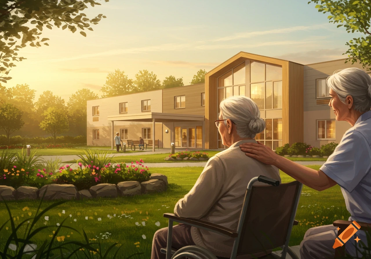 Two elderly people, one in a wheelchair, gaze at a modern facility in a peaceful garden at sunset, in an illustrative style.