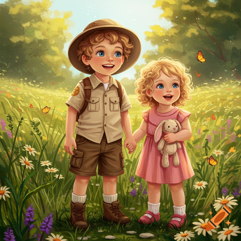 An illustration of a cheerful boy in adventure clothes holding hands with a girl in a pink dress holding a bunny in a sunny, grassy field.
