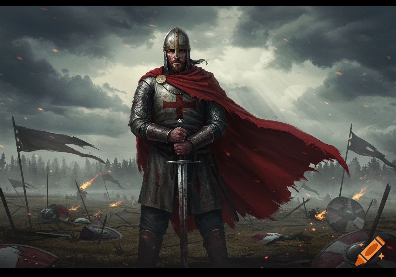 A brooding medieval knight in chainmail and a red cape stands on a smoky battlefield, holding his blood-stained sword.