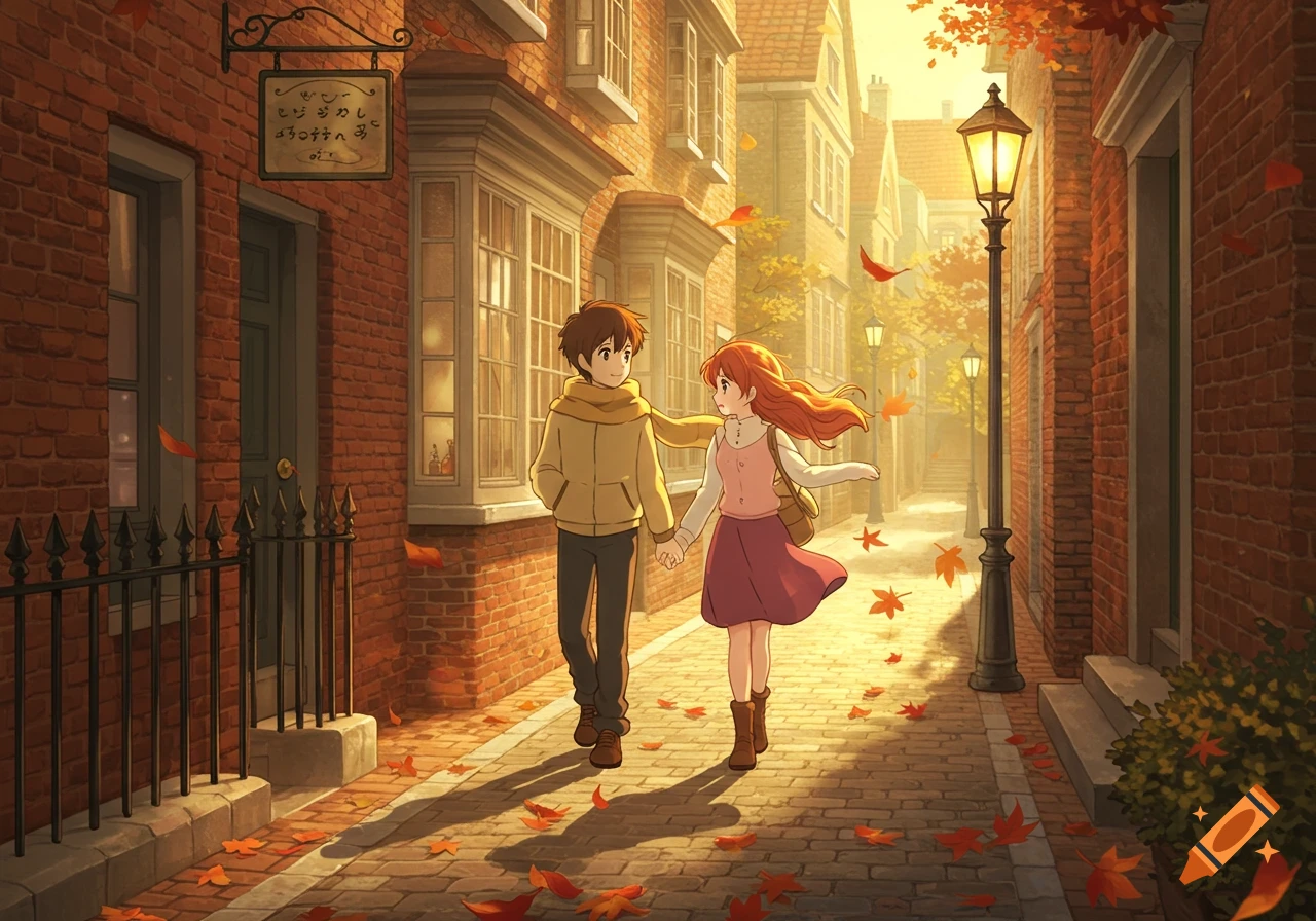 Anime couple walking hand-in-hand down an autumn street with brick buildings and golden sunlight, Ghibli style.
