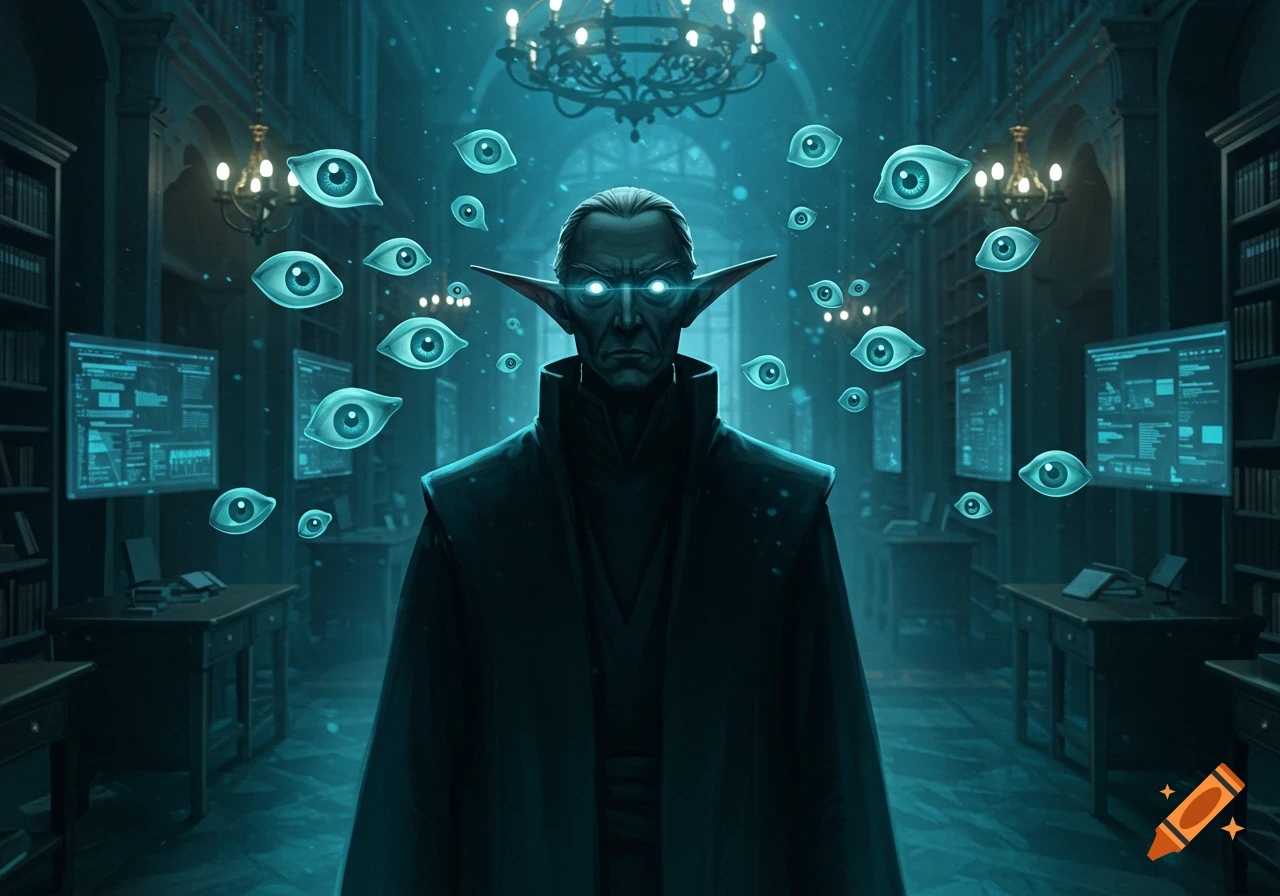 Stern man with glowing eyes and pointy ears in dark robes in a mystical library with floating blue eyes and computer screens.