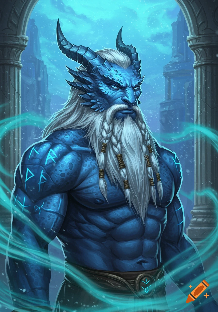 A muscular blue dragonborn with white braided beard and horns, glowing runes on his arm, standing in a snowy fantasy ruin.