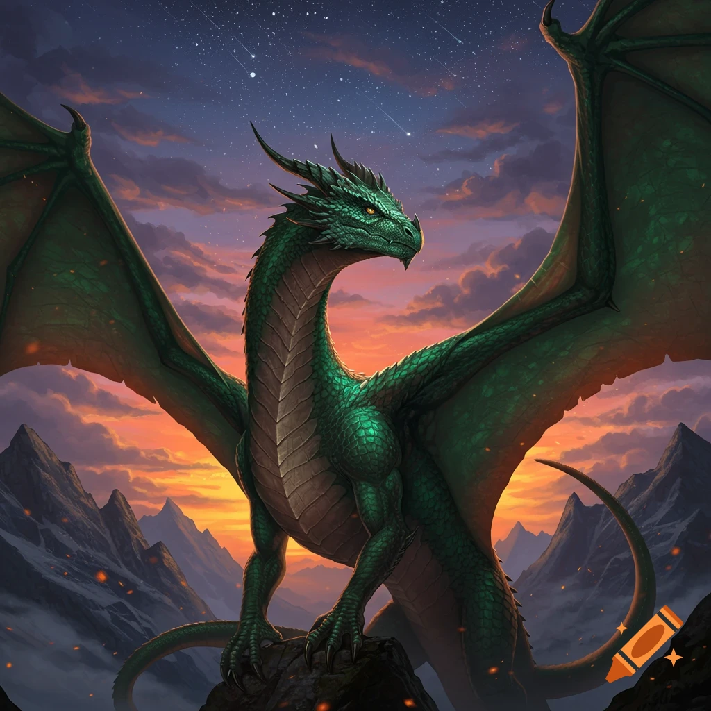 A majestic green and gold dragon with a turtle shell stands in a lush ...