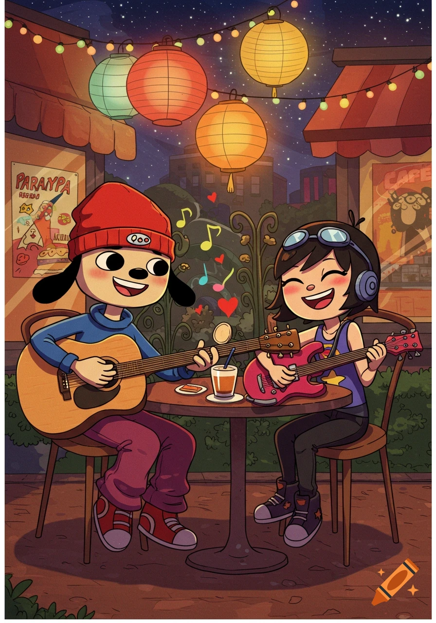 A cartoon dog-like character and a girl with headphones playing guitars at a night cafe under string lights and lanterns.