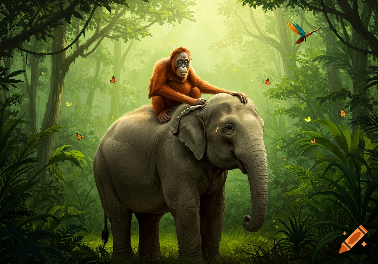 A friendly orangutan rides on the back of an elephant in a sunlit, lush green jungle with colorful butterflies and a bird flying.