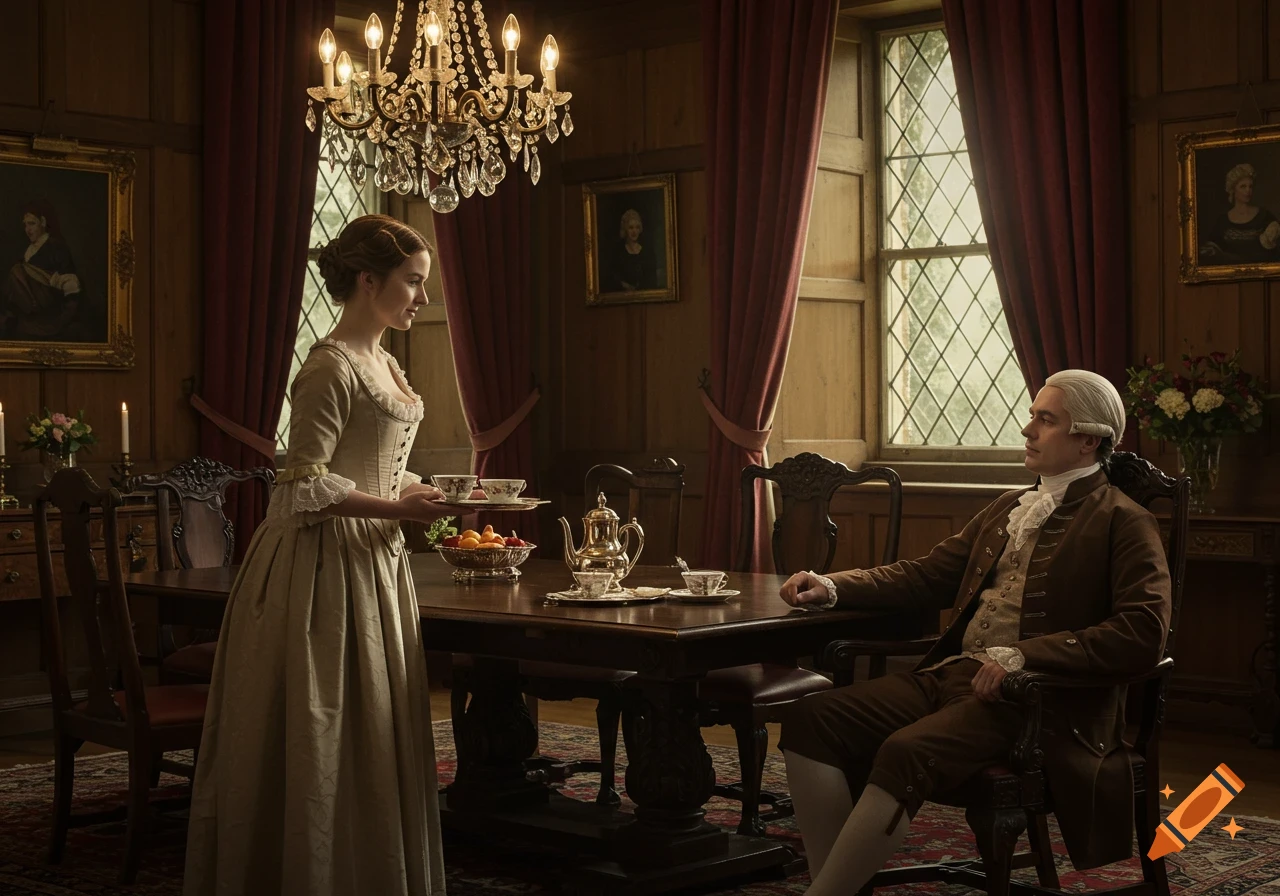 A woman in a historical gown serves tea to a man in a powdered wig at a table in a grand, richly decorated room.