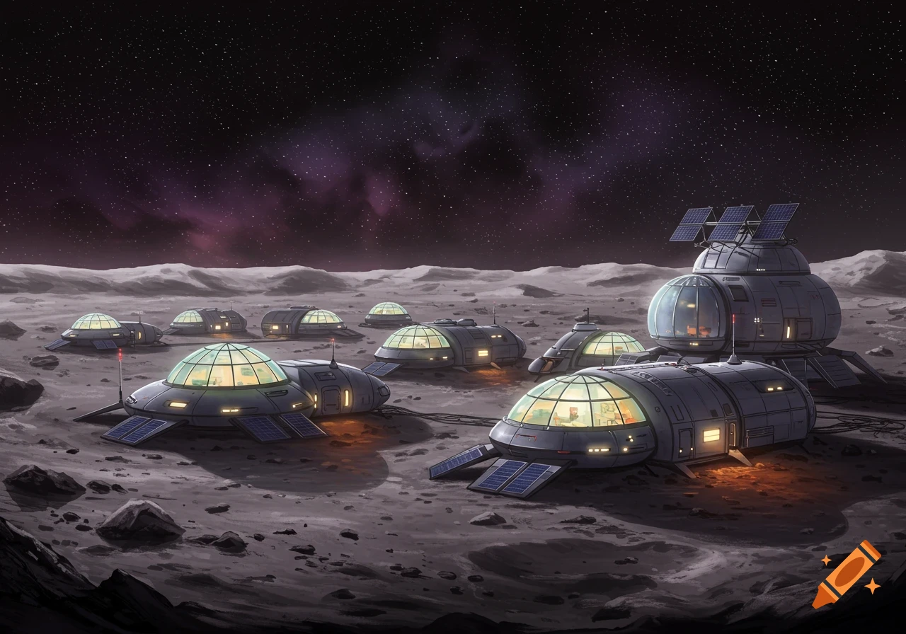 A futuristic moon colony features several dome-shaped sci-fi houses and an exploration lab on a rocky lunar landscape under a starry night sky.