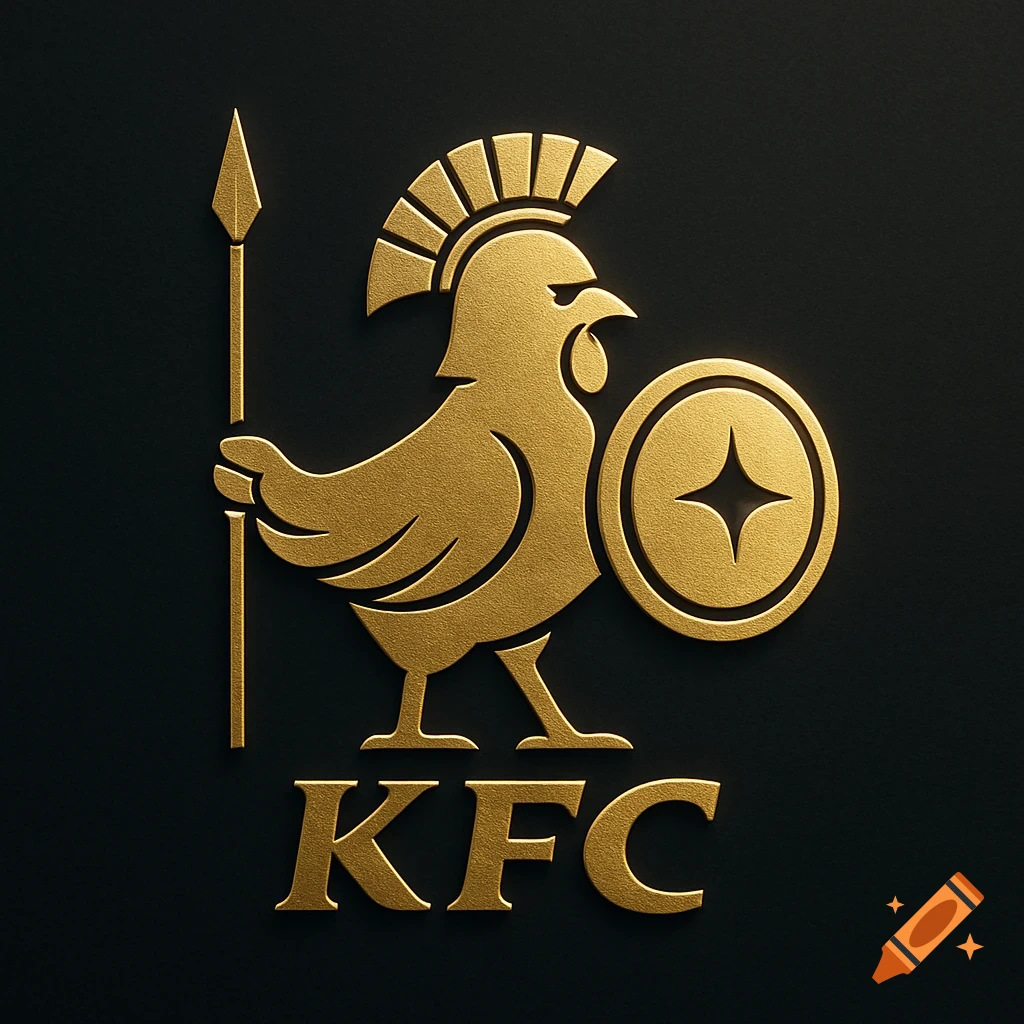 A simple gold logo of a stylized Spartan chicken holding a spear and shield, with the letters KFC below.