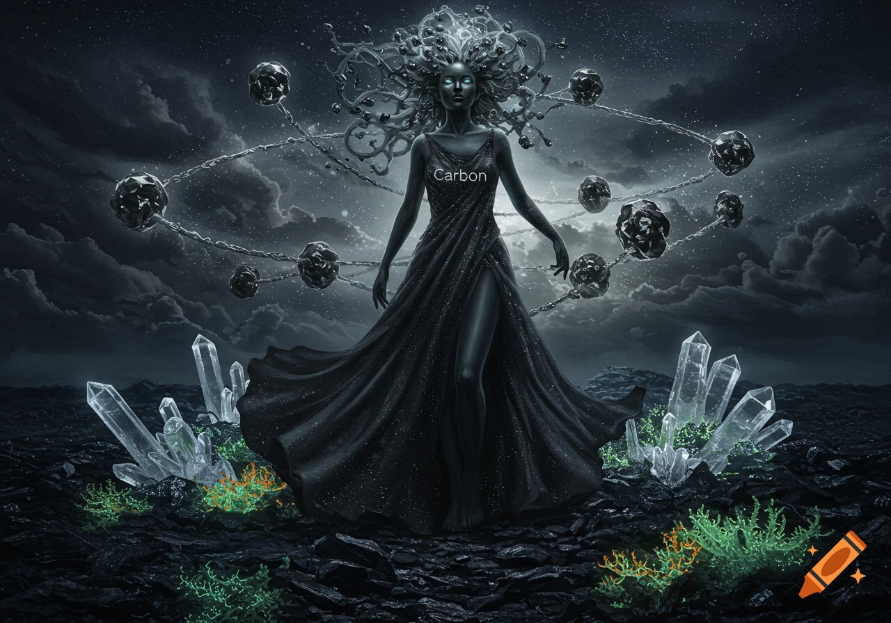 A dark goddess-like figure with glowing eyes and tendril hair, wearing a sparkling black dress, stands among glowing crystals and floating spheres under a stormy sky. 'Carbon' is on her chest.