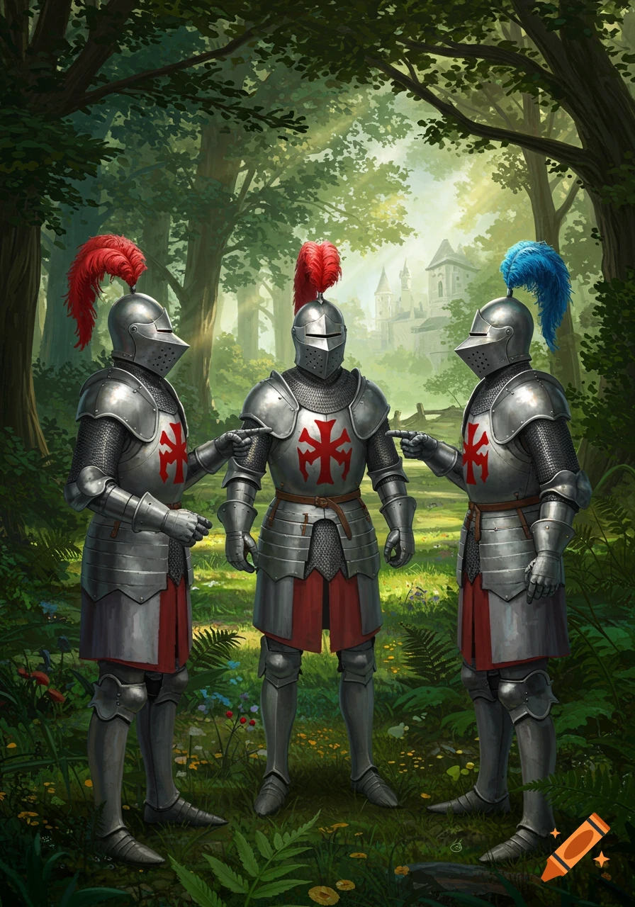 Three medieval knights in shining armor with red crosses and feathered helmets point at each other in a lush forest with a castle.