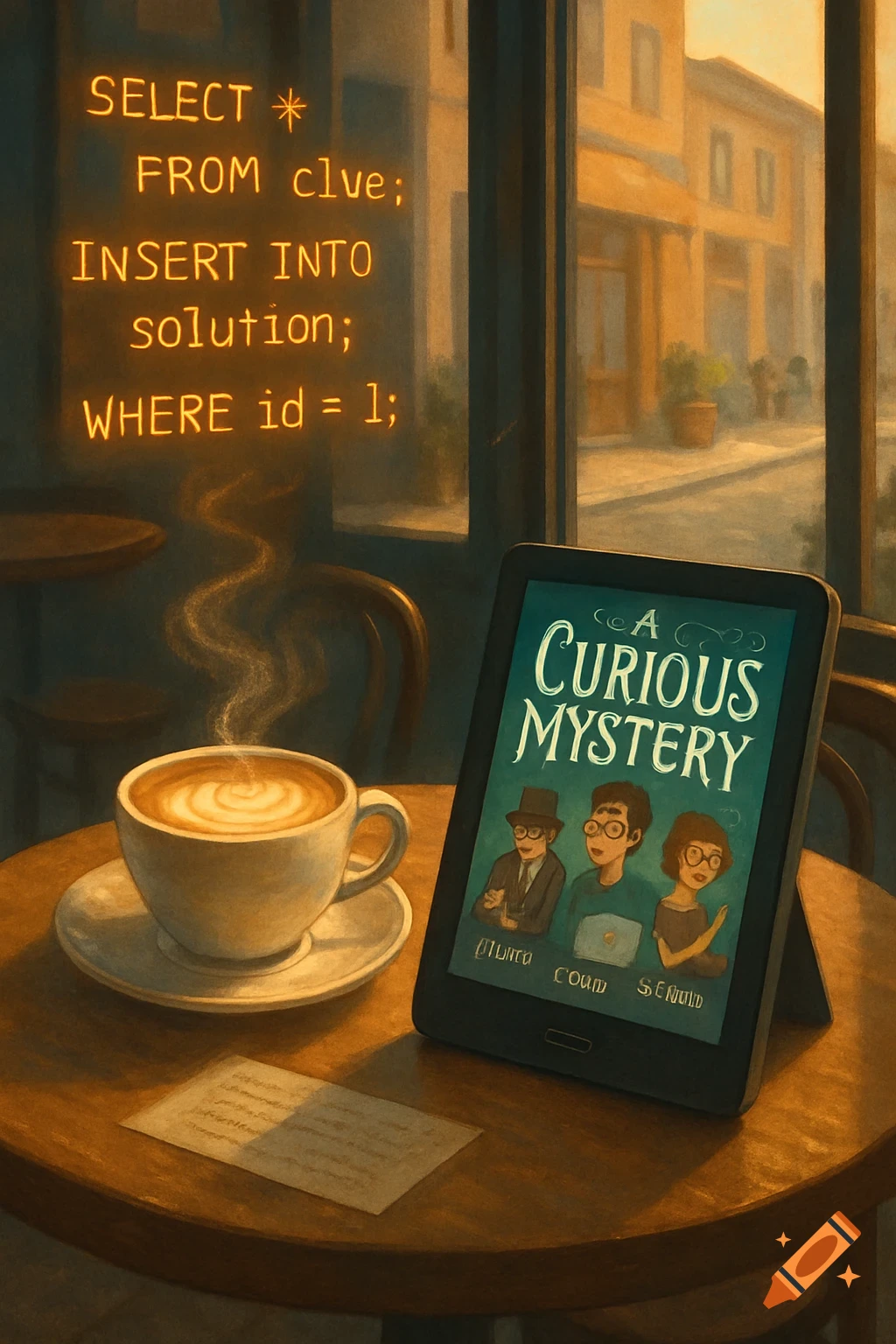 An illustration of a coffee cup, an e-reader with a mystery book, and SQL code glowing on a window in a warm-toned cafe scene.