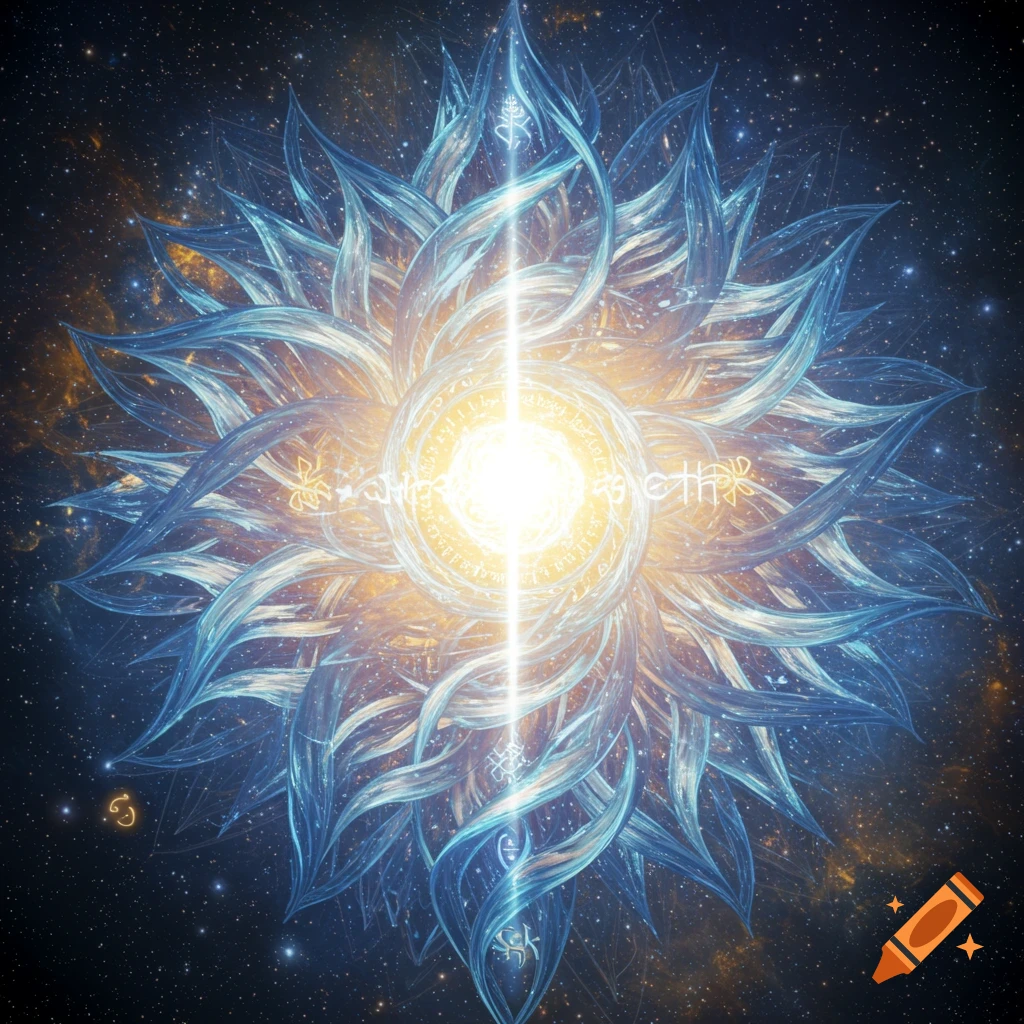 A glowing, intricate, lotus-like cosmic entity in blue and gold hues against a starry background.