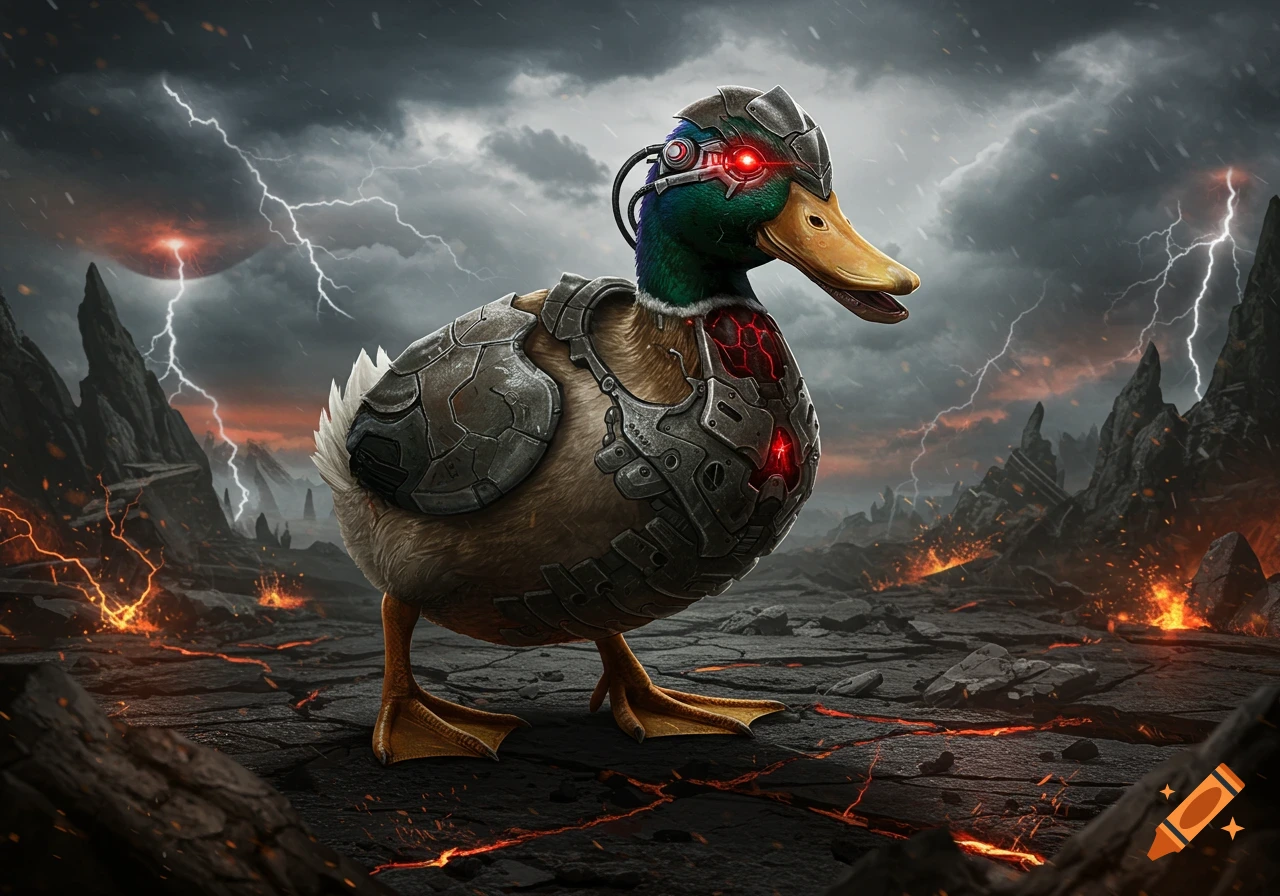 A cyborg duck with glowing red eyes and metal armor stands in a stormy, fiery, apocalyptic landscape with lightning.
