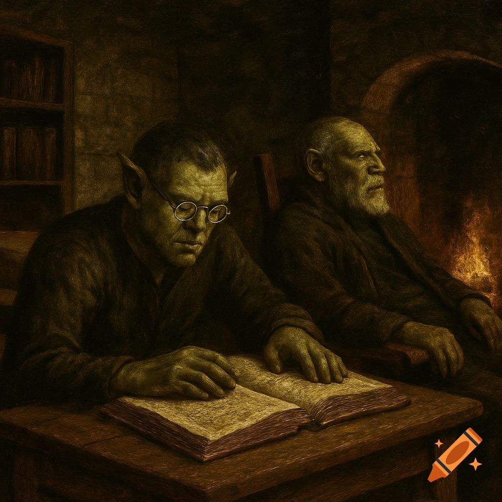 A dimly lit painting of two green-skinned half-orcs. One reads a book at a wooden table, wearing glasses. The older one reclines by a fireplace.