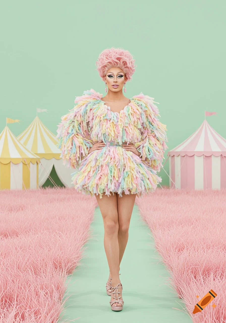 A drag queen with pink hair and a pastel shredded fabric outfit stands on pink grass with circus tents in the background.