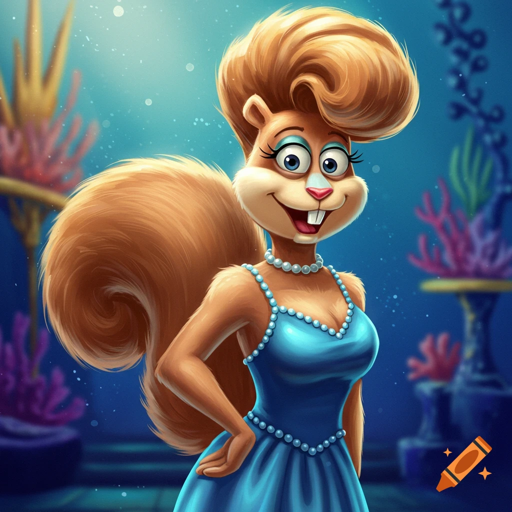 A cartoon squirrel character, Sandy Cheeks, wearing a blue pearl-adorned dress and makeup, in an underwater setting.