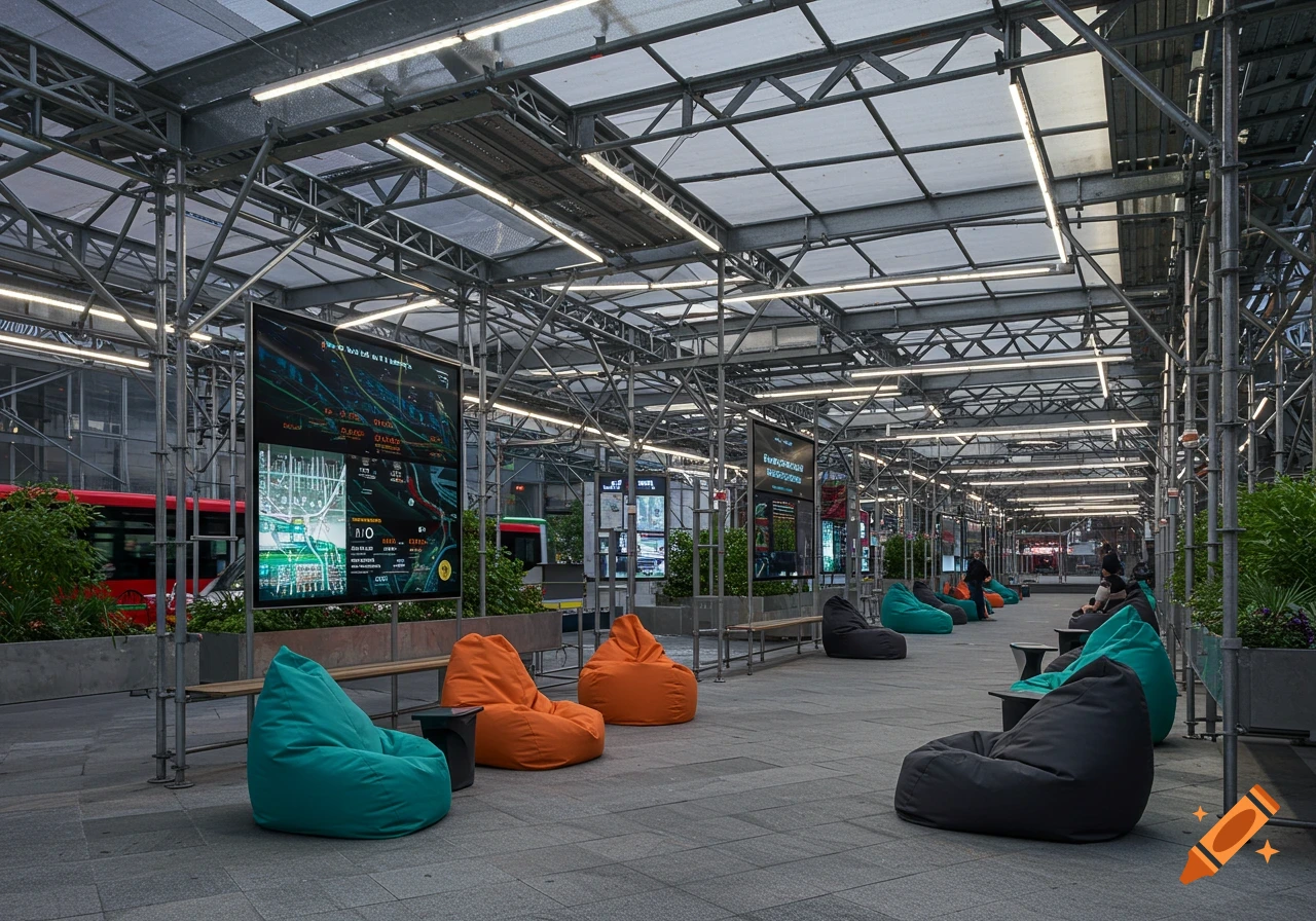 An urban bus station with scaffolding structure and a transparent roof, featuring colorful beanbag chairs on a paved ground and large interactive screens.