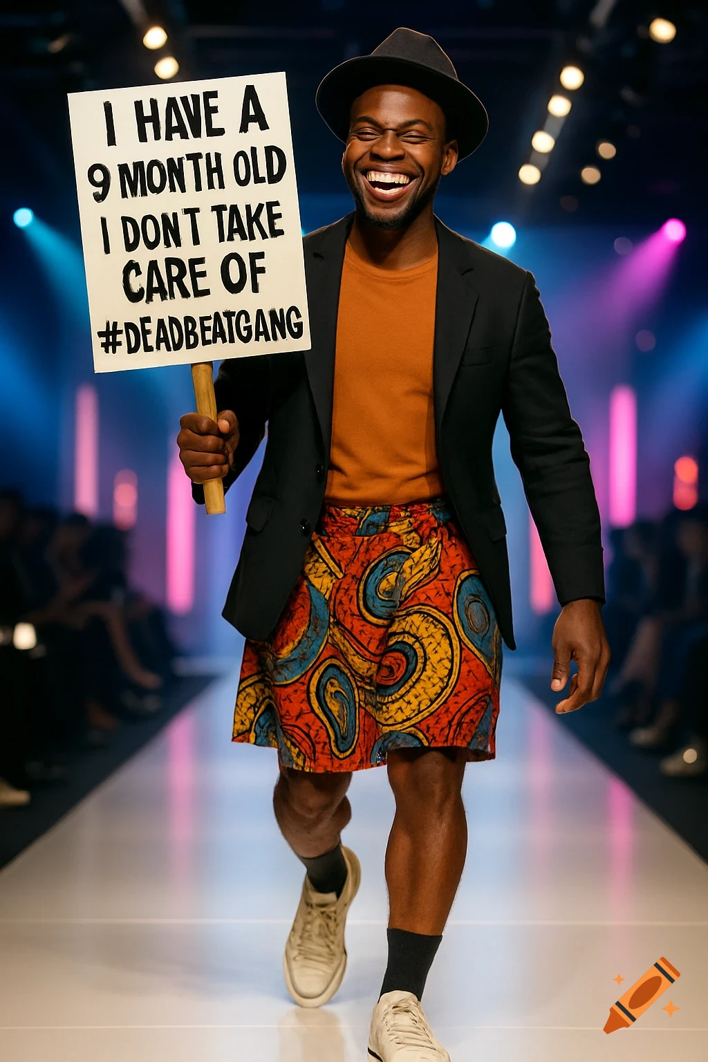 A smiling man in a hat, blazer, and patterned skirt walks a runway holding a sign that says 'I HAVE A 9 MONTH OLD I DON'T TAKE CARE OF #DEADBEATGANG'.
