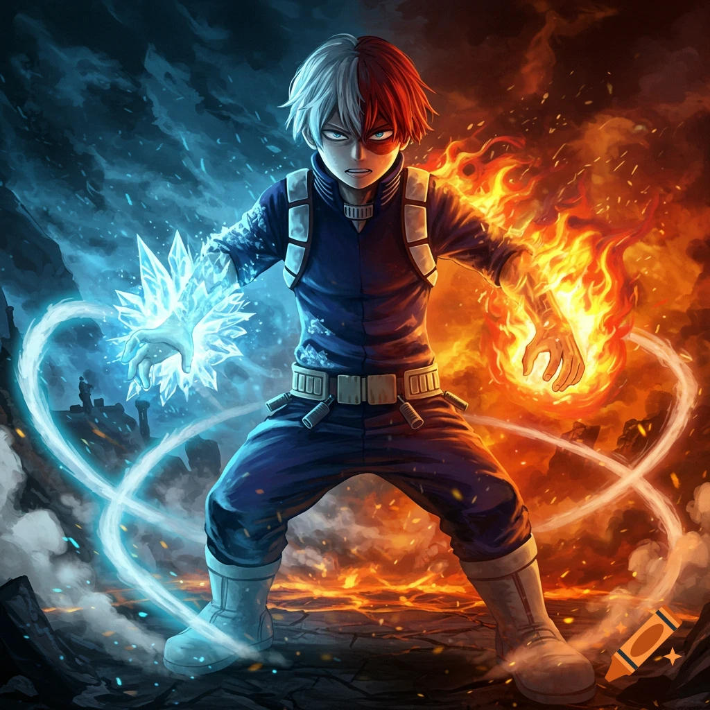 Shoto Todoroki from My Hero Academia, in anime style, poses powerfully with ice from his right hand and fire from his left against a bicolored background.