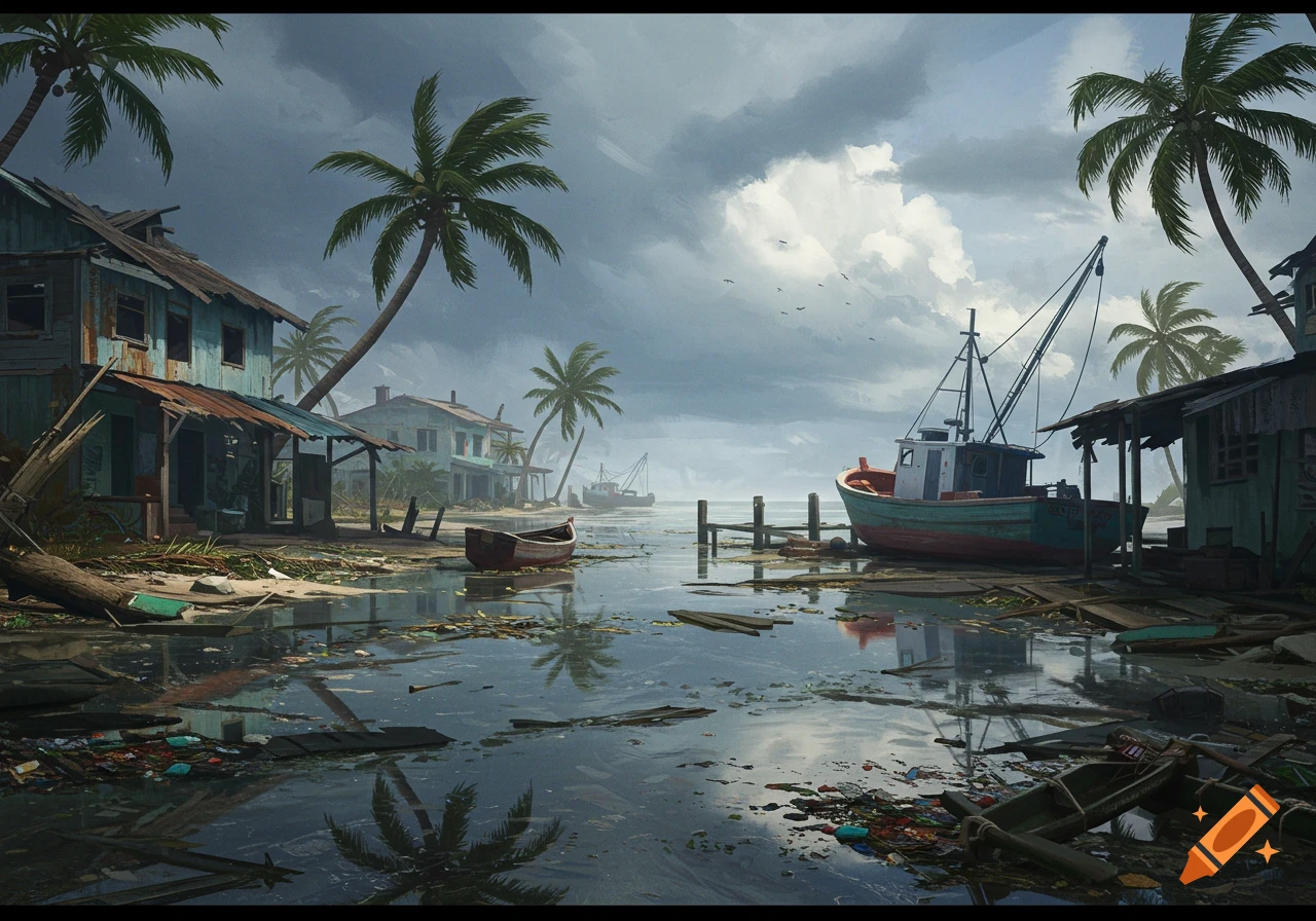 Illustration of a gloomy coastal town after a hurricane, with damaged buildings, debris, and boats in murky water.