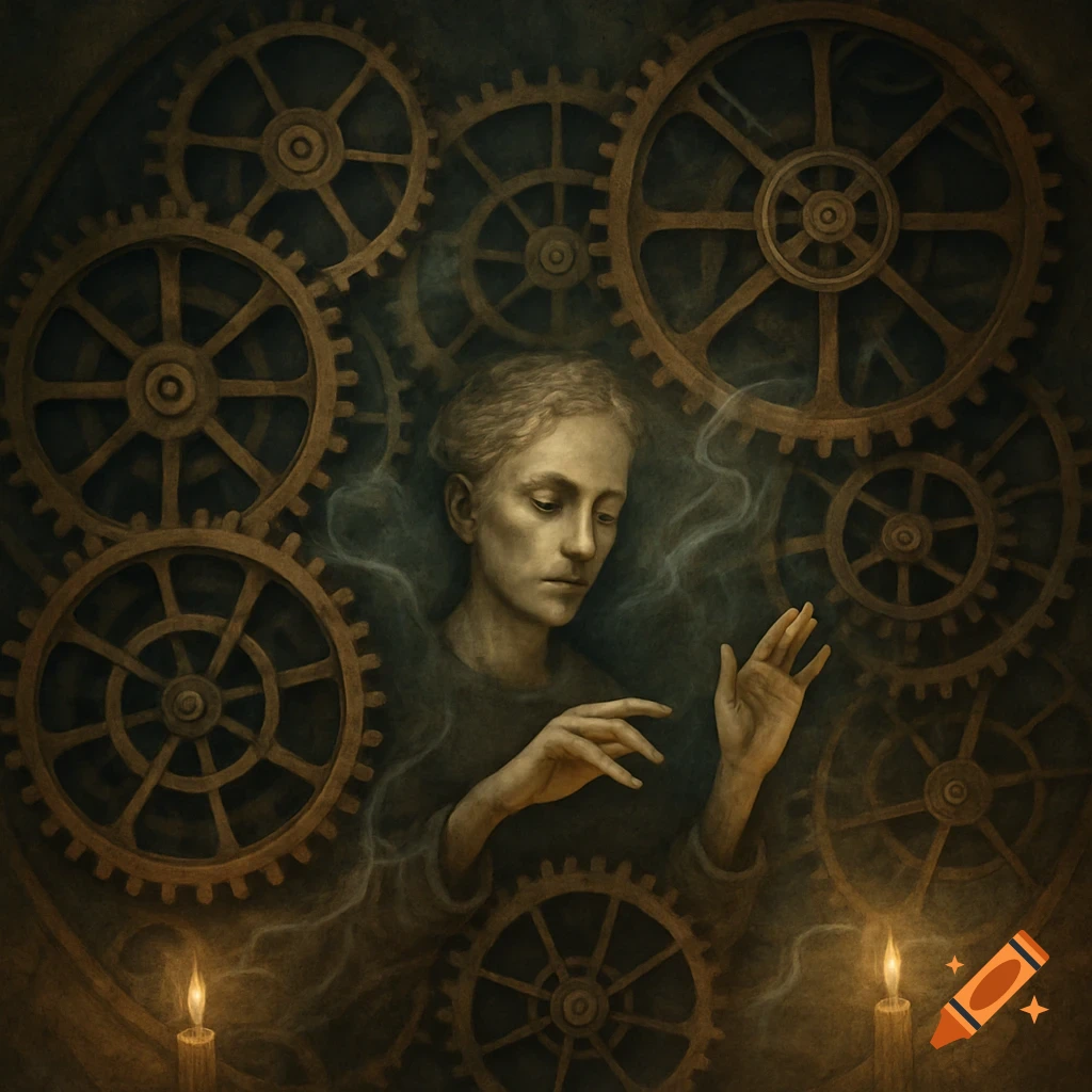 A somber person with raised hands, surrounded by large intricate gears and wisps of smoke, lit by two candles, in a dark, painterly style.