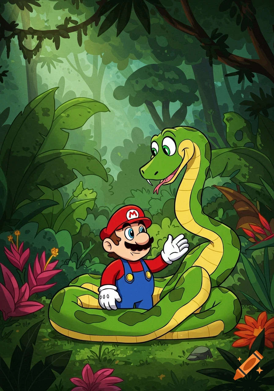 Cartoon illustration of Mario standing within the coils of a friendly-looking green snake in a lush jungle.