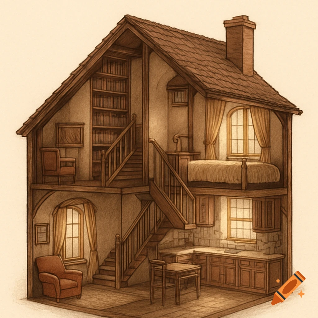Architectural illustration of a detailed, cozy two-story house cross-section with interior rooms, stairs, and kitchen.