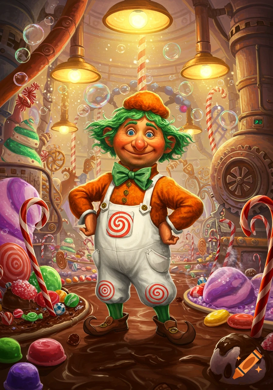 Smiling Oompa Loompa in white overalls and green wig stands in a whimsical, colorful candy factory filled with sweets.