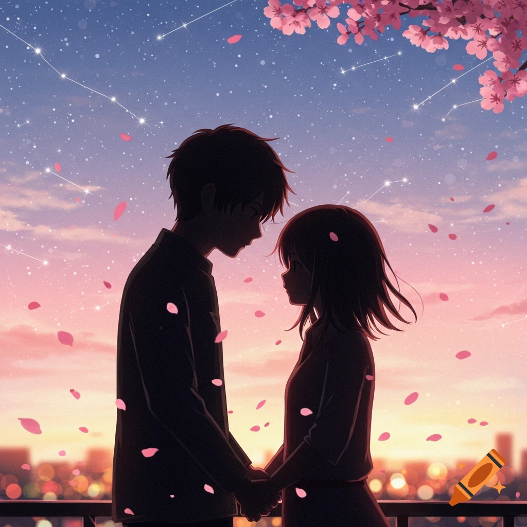 Anime-style digital painting of a man and woman standing back-to-back in a  field at sunset under dramatic clouds, looking sad. on Craiyon, image size:1024x1024