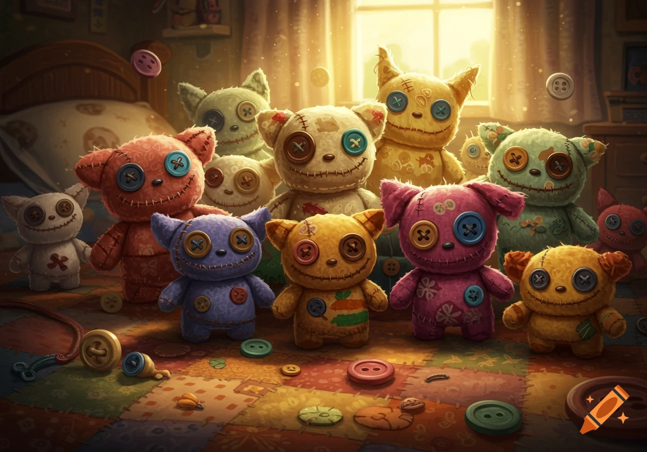 A group of colorful, quirky stitched plush toys with button eyes and stitched mouths standing on a patchwork quilt floor.