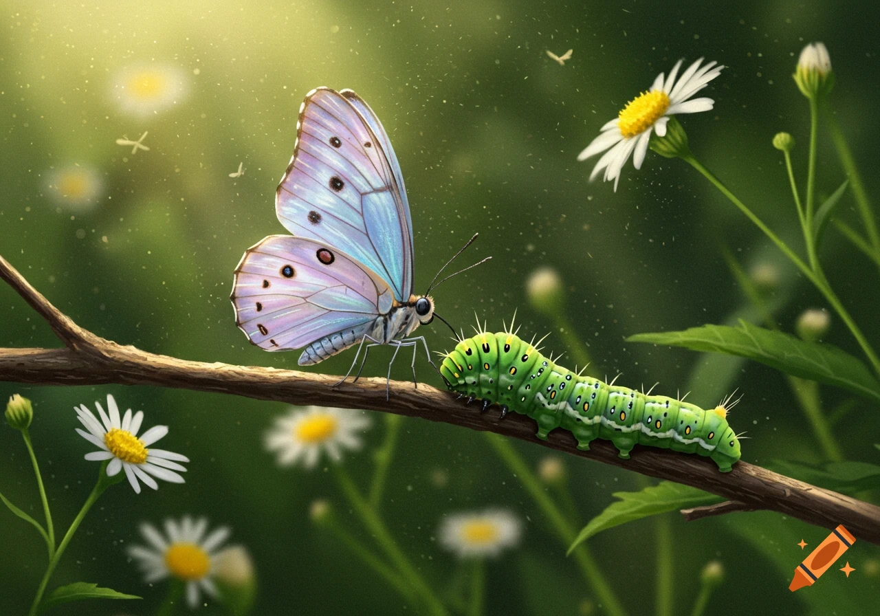 A vibrant light blue and purple butterfly on a branch, looking at a green caterpillar. Daisies and sunlit foliage blur in the background.