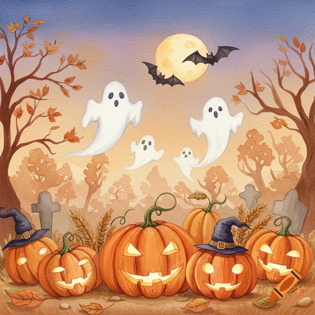 Watercolor illustration of a cute Halloween scene with carved pumpkins, flying ghosts, bats, and a full moon over a cemetery.