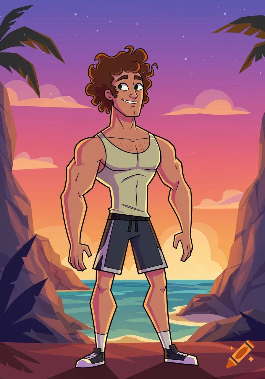 An animated athletic man with curly brown hair in a tank top and shorts stands on a tropical beach at sunset.