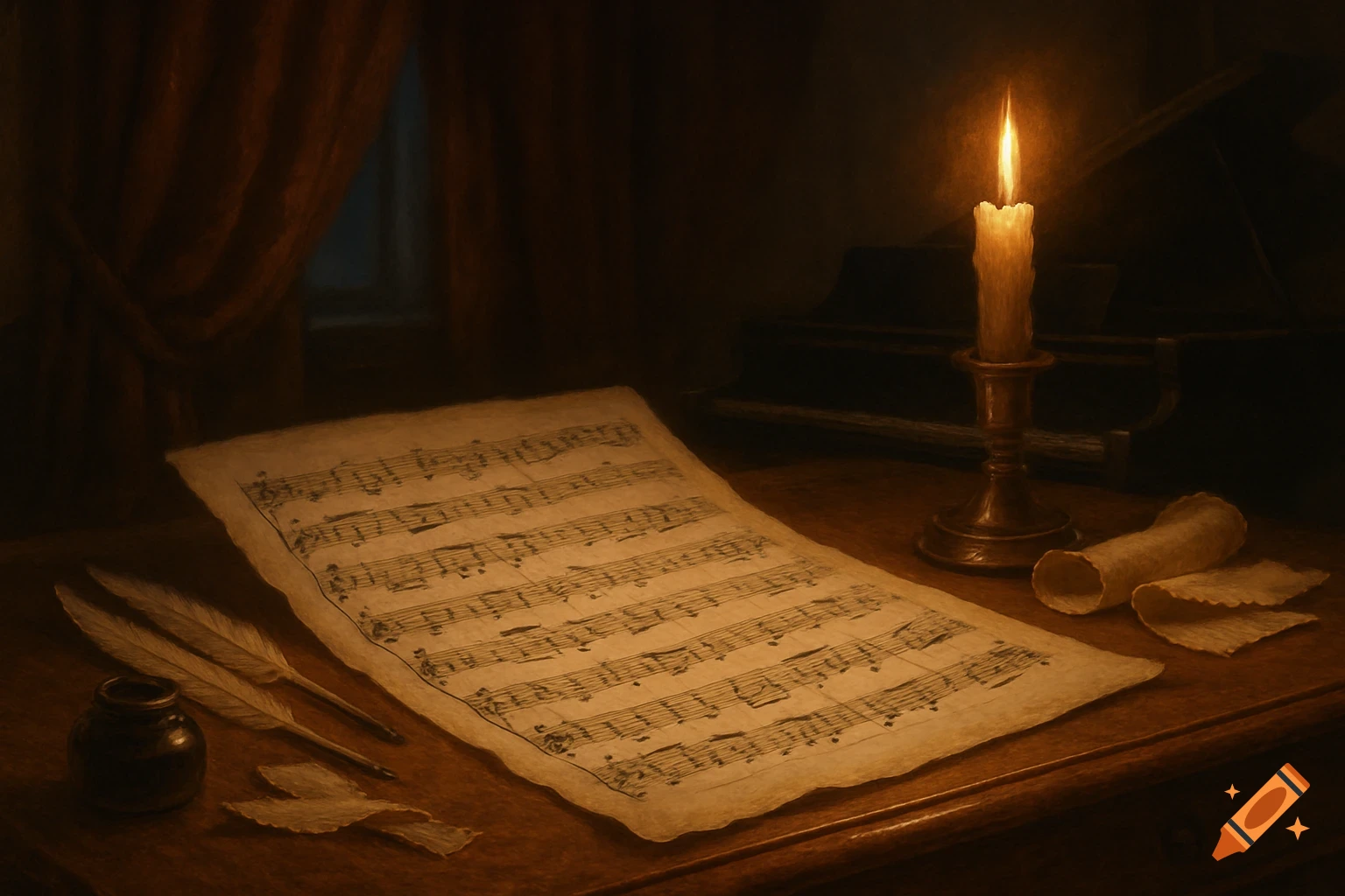 A vintage still life featuring sheet music, quill pens, an inkwell, and a lit candle on a wooden desk in a dimly lit room.