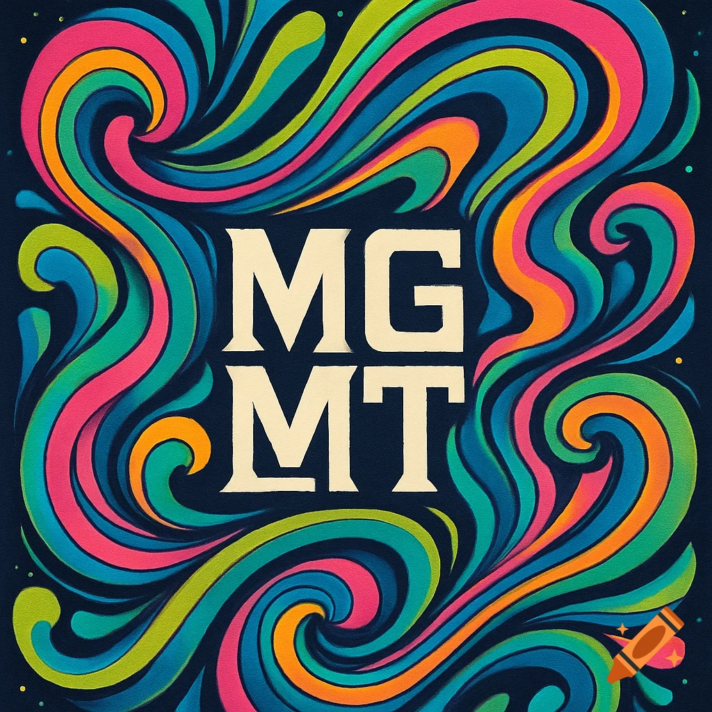 Cream-colored MGMT logo with serif font, surrounded by vibrant pink, orange, green, and blue flowing psychedelic swirls on a dark blue background.
